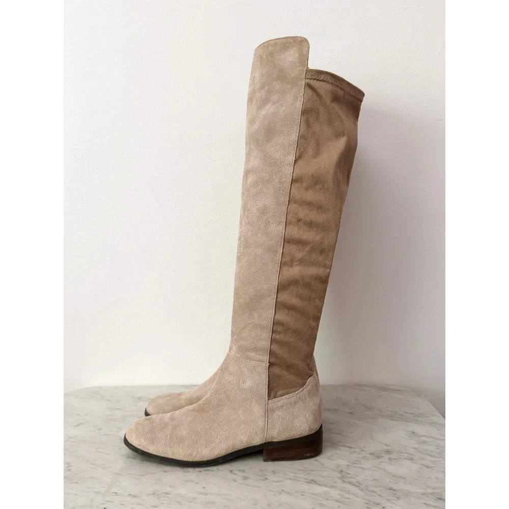 Lucky Brand Calypso Over The Knee Boots Suede Stretch 8.5 Tan Low Block Heel